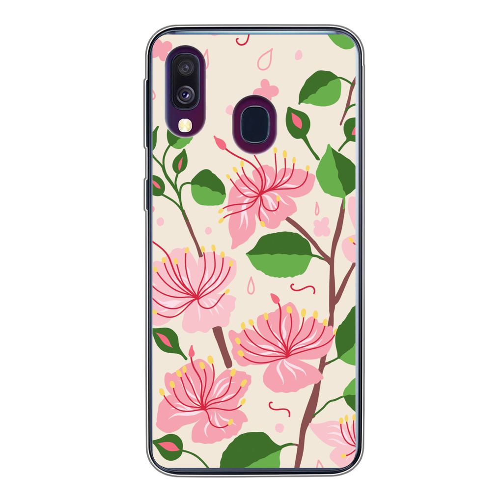 MuchoWow Handyhülle Schutzhülle Hülle für Samsung Galaxy A40 Blume - Rosa - Blatt - Muster Silikon Softcase Handy Hülle - Handy-Tasche
