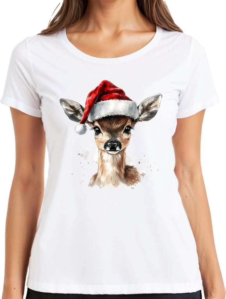 Rehkitz Weihnachten Aquarell süß Geschenk niedlich Santa Damen T-Shirt, Weiß, 3XL