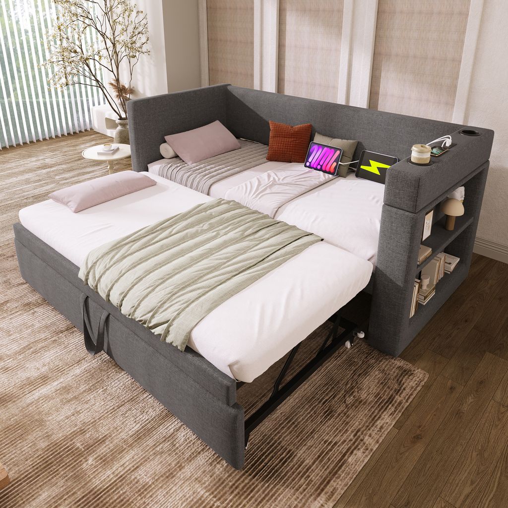 A sectional sofa bed is shown in a living room setting.