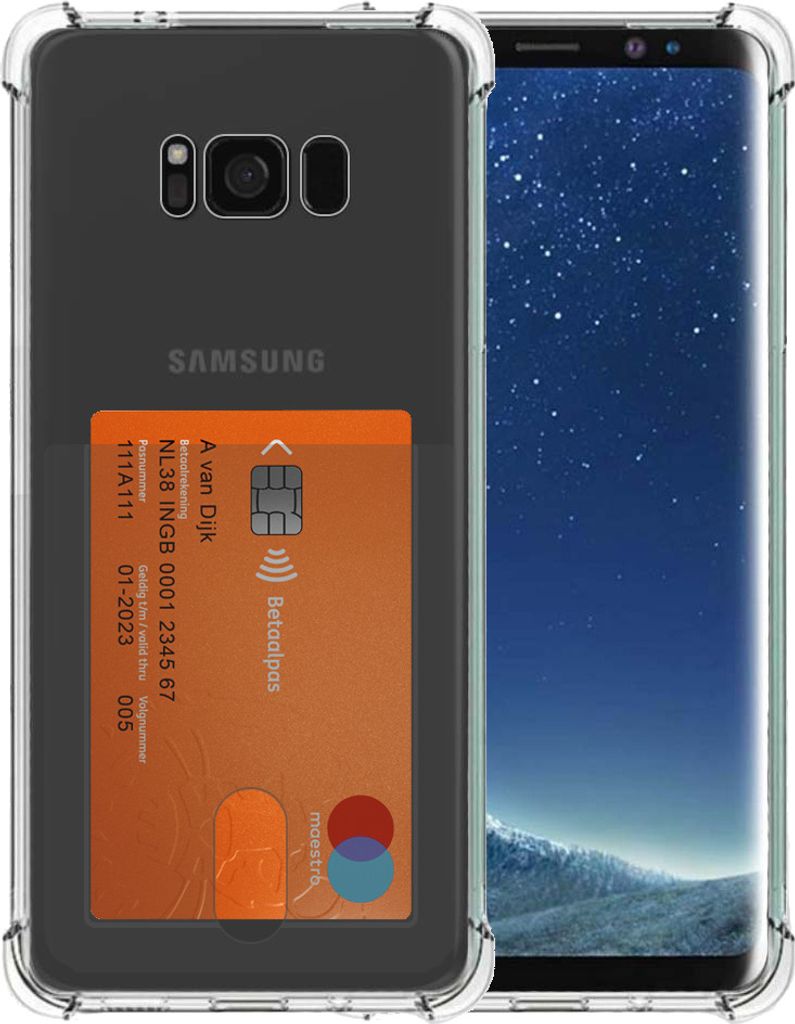 A transparent phone case with a credit card inserted, shown next to a smartphone.