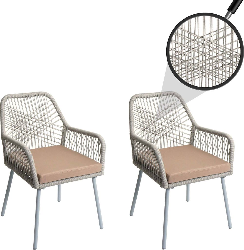 2er-Set Gartenstuhl HWC-O12, Outdoor Sitzpolster Aluminium Seilgeflecht Rope grau, Bezug taupe