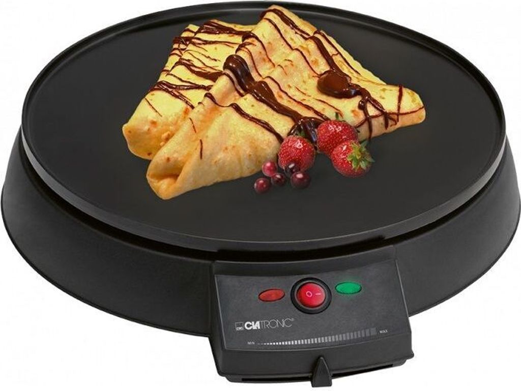 Clatronic Crepes/Wraps/Panqueque Maker con 29cm, incl. Dispensador de masa y revestimiento antiadherente superficie, termostato ajustable continuo y backampel - Panqueque Maker con 900W - CM 3372