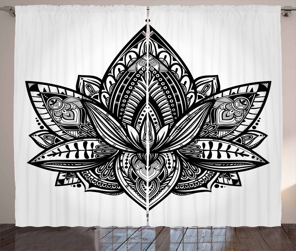 ABAKUHAUS Yoga Rustikaler Gardine, Lotus Flower Tattoo Art, Schlafzimmer Kräuselband Vorhang mit Schlaufen und Haken, 280 x 245 cm, Schwarz und Grau