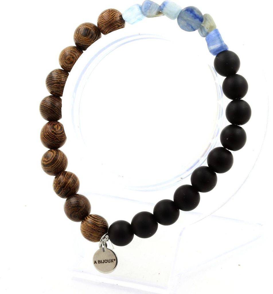 Brasilianisches blaues Kyanit-Armband + mattschwarze Onyxperlen + Holz 8 mm