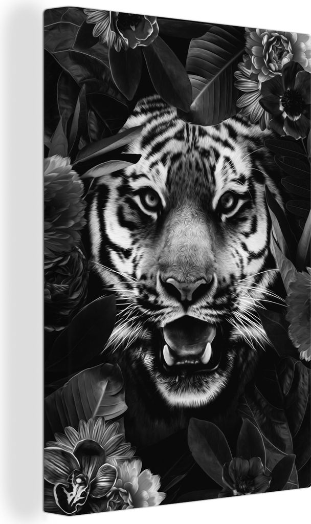 OneMillionCanvasses - Leinwandbilder - 90x140 cm, Tiger zwischen Blättern und Blüten - schwarz und weiß, Wandbilder Kunstdruck Wanddekoration ...
