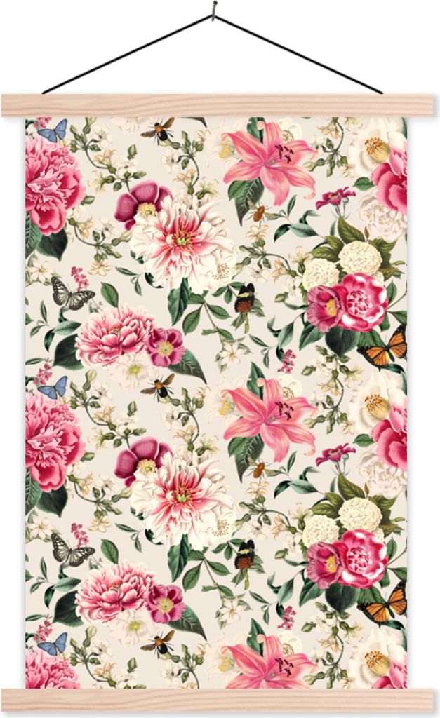 MuchoWow Textilposter Blumen - Insekten - Rosa 60x90 cm mit holzfarbenen Rahmen - Textil