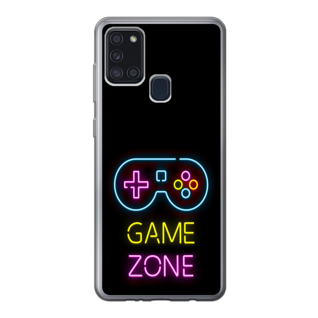 MuchoWow Handyhülle Schutzhülle Hülle für Samsung Galaxy A21s Controller - Spiel - Neon - Schwarz - Zitate - Spielzone Silikon Softcase Handy...
