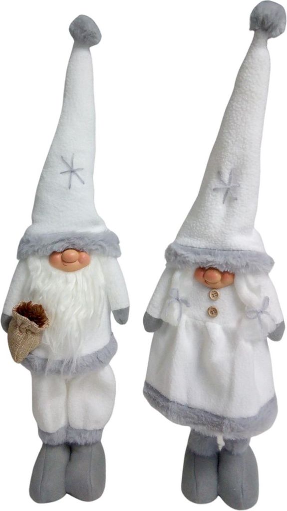 Two decorative gnomes, one male and one female, standing side-by-side against a white background.
