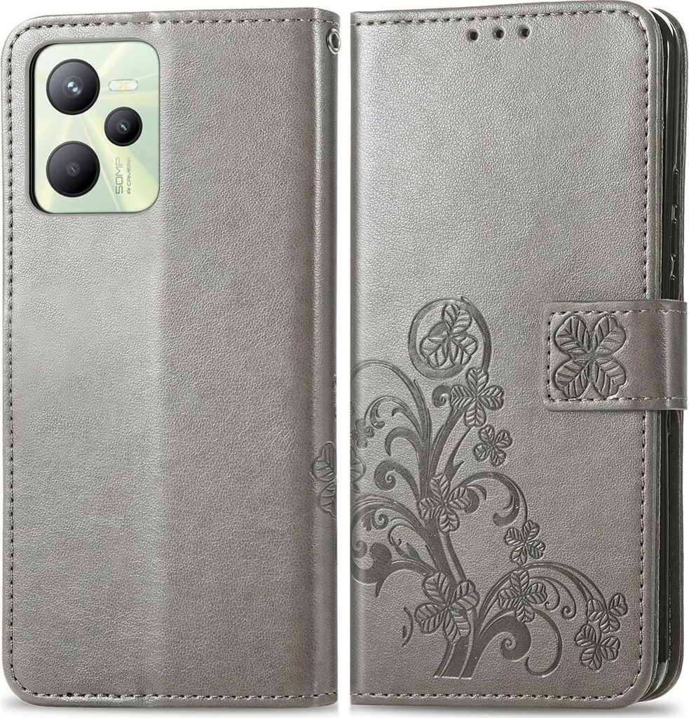 Mobigear Clover Realme C35 Hülle Klapphülle Geldbörse - Grau