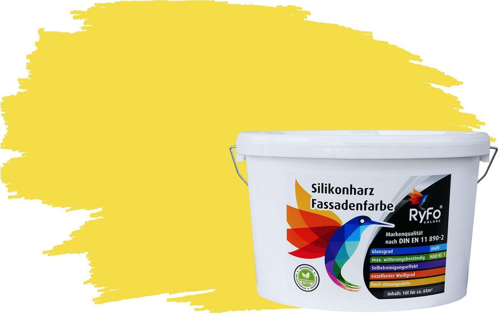 RyFo Colors Silikonharz Fassadenfarbe Lotuseffekt Trend Zitrusgelb 10l - bunte Fassadenfarbe, weitere Gelb Farbtöne und Größen erhältlich, Deck...
