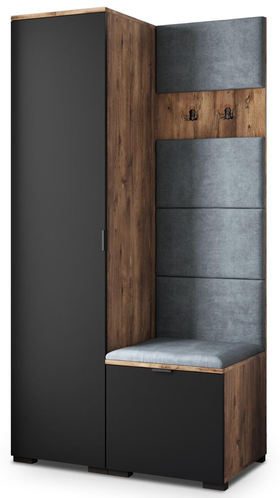 Masseno Garderobe-Set LORI 95/181/51 cm Modern Garderobenschrank Eiche Lefkas, Veloursstoff MONOLITH 85 (Grau)