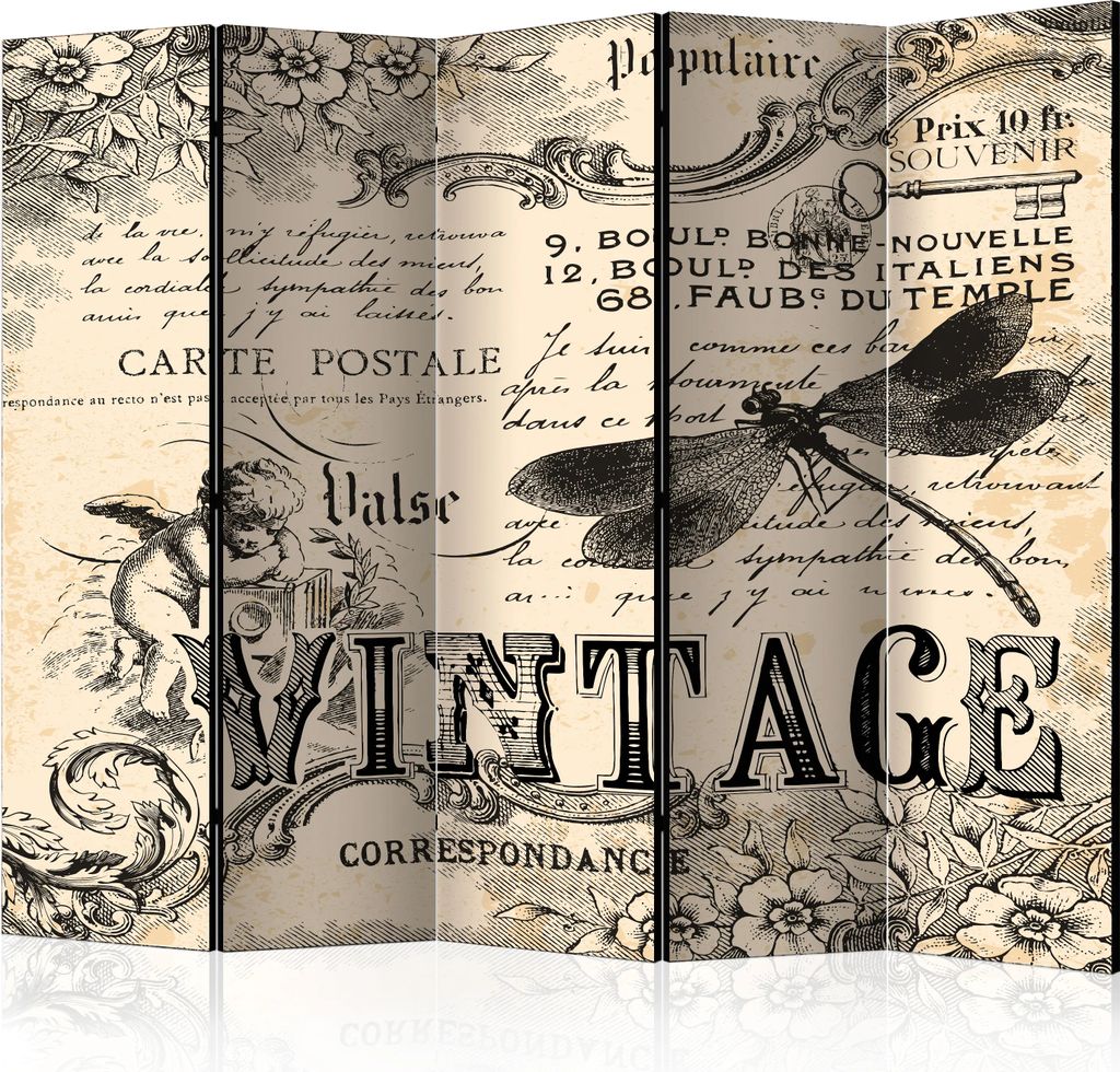 5-teiliger Einseitiger Vlies Paravent - Vintage Correspondence II 225x172 cm Text m-B-0028-z-c