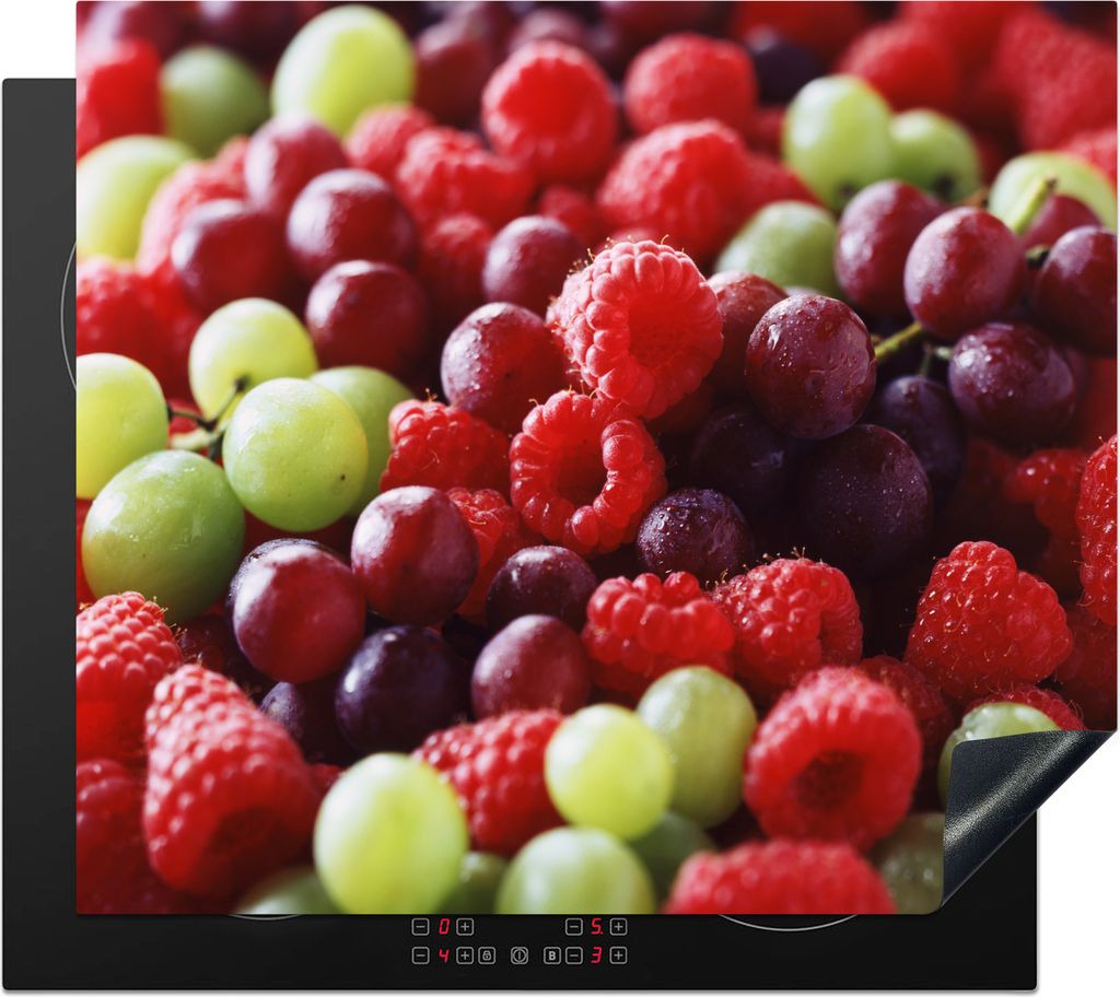 KitchenYeah Herdabdeckplatte Himbeeren zusammen mit weißen und roten Weintrauben , 57x51cm, Küche Deko, Glaskeramikkochfeld Herdabdeckung, Abde...