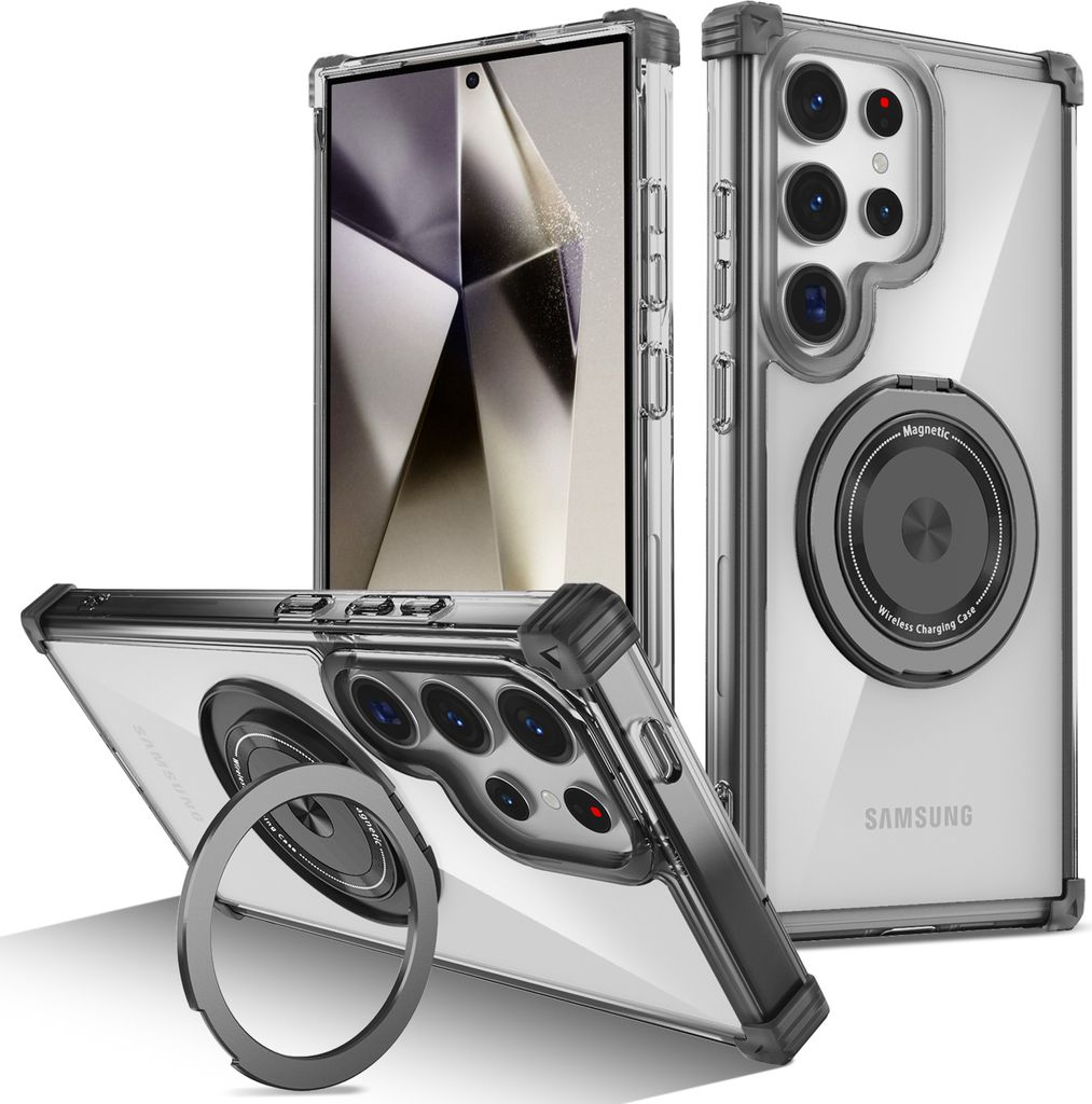 Handyhülle für Samsung Galaxy S25 Ultra Magnetisches Ringhalter Ständer Kompatibel mit Magsafe Militärschutz Transparente Hülle Schwarz