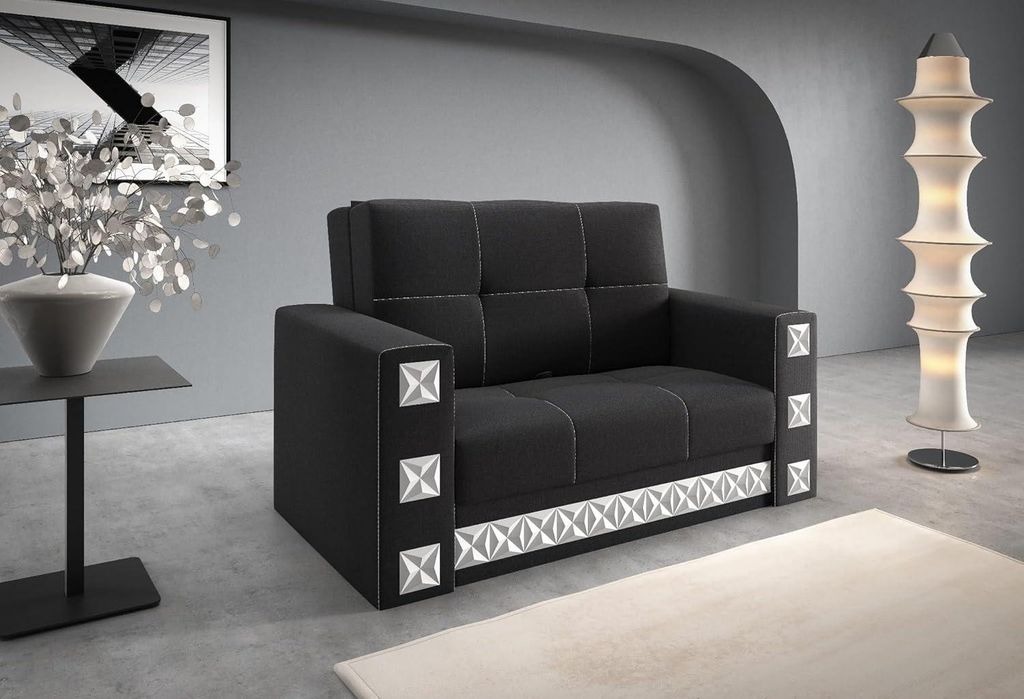 Manila 2-Sitzer 141 cm Schlafsofa Schwarz, Schlafcouch mit Bettkasten – bodenschonender Klappautomat ohne Rollen, Liegefläche 110 × 188 cm