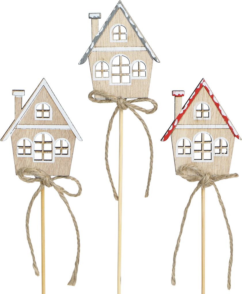 Deko Weihnachten Holzstecker Häuser Landhaus-Stil 4,5x5cm 12 St