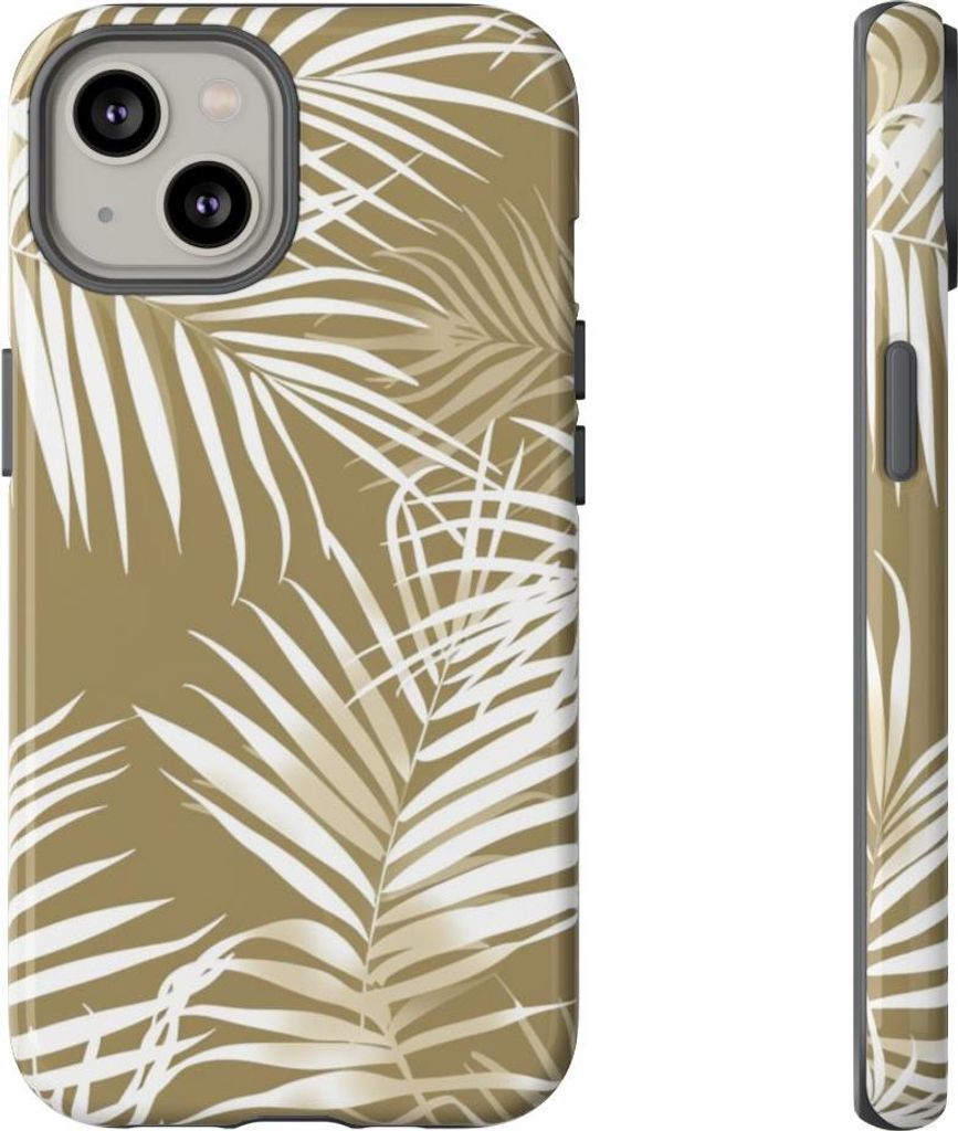 Weiße Palmenblätter auf khakifarbenem Hintergrund – Hülle Kompatibel mit iPhone 14