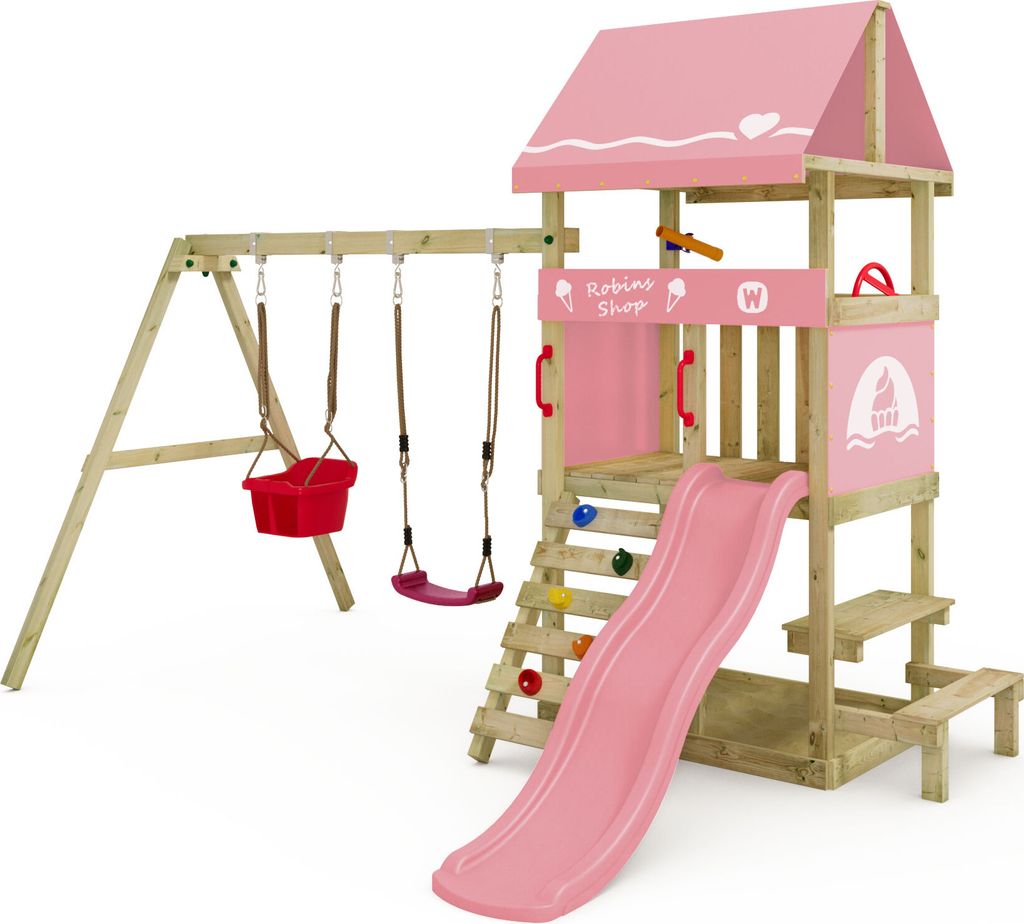WICKEY Spielturm Klettergerüst DinkyHouse mit Schaukel & Rutsche, Kletterturm mit Sandkasten, Leiter & Picknicktisch – pastellpink