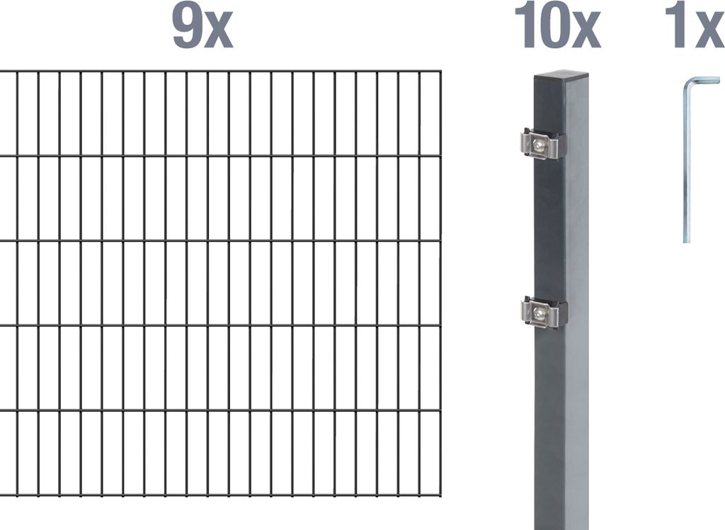 Alberts Doppelstabmatten Zaun, Höhe 200 cm, Länge 18 m, Zaun-Komplettset zum Einbetonieren, anthrazit, Pfosten 60x40 mm
