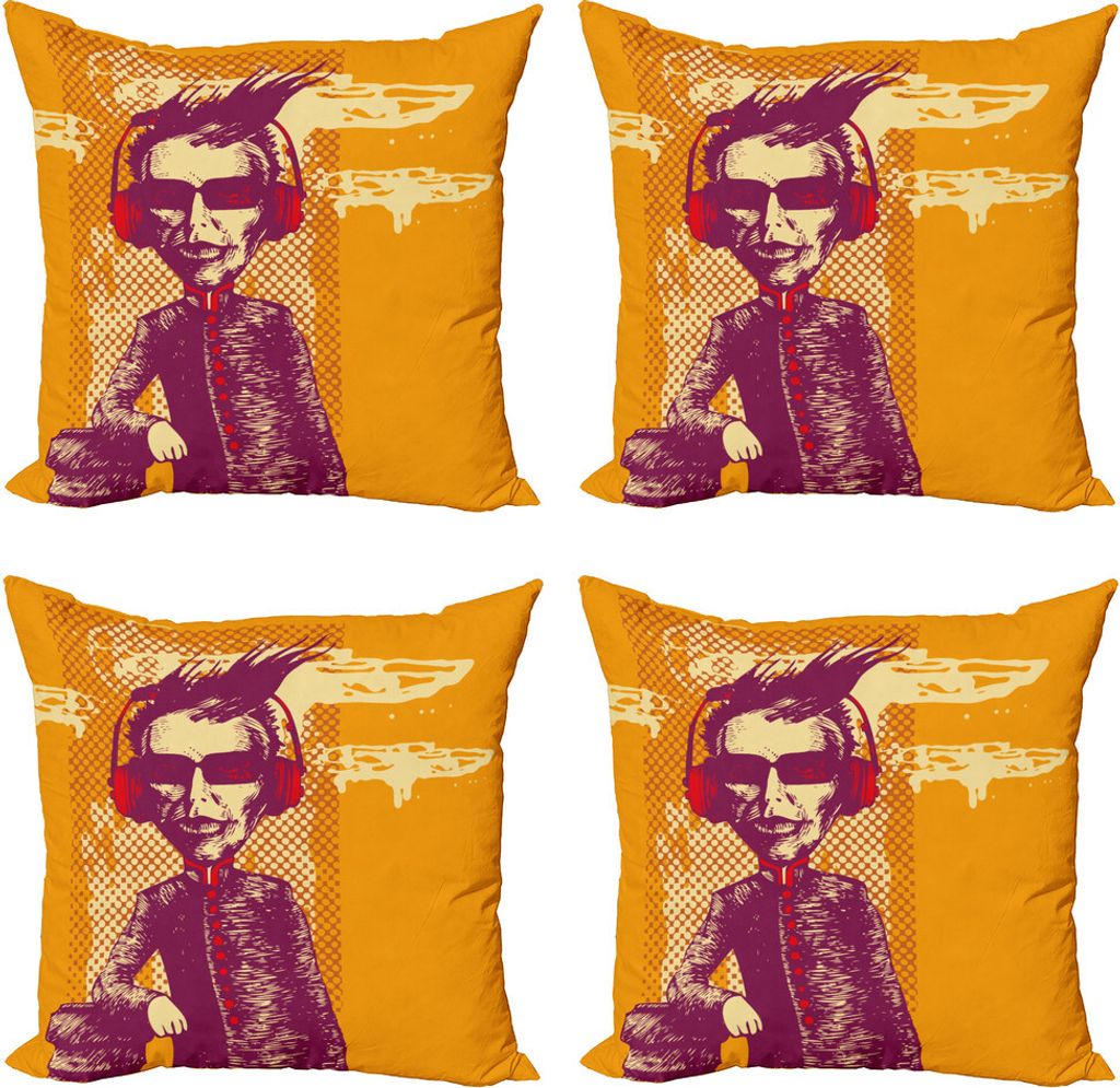 ABAKUHAUS Modern Kissenbezug Set (4 Stück), Grotesque Man Kopfhörer, Moderner Doppelseitiger Digitaldruck, 45 cm x 45 cm, Marigold Maroon