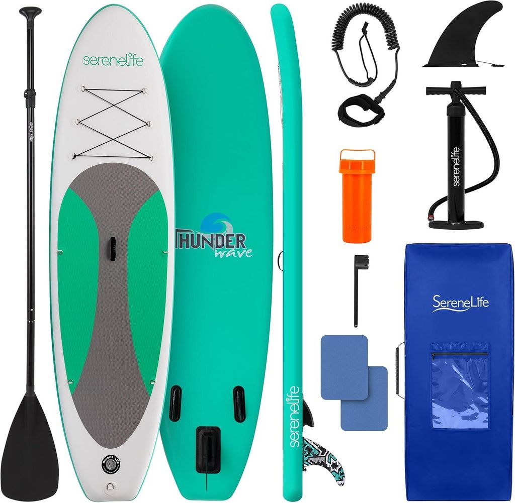 SereneLife Aufblasbares Stand Up Paddle Board mit Premium Zubehör, breites, stabiles Design und rutschfestem Eva-Deckpolster. Kapazität: 158,8 kg
