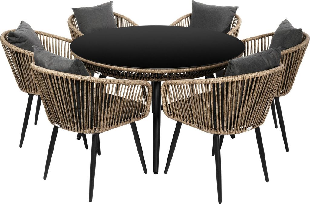 A dining set with a round table and six chairs, set against a white background.