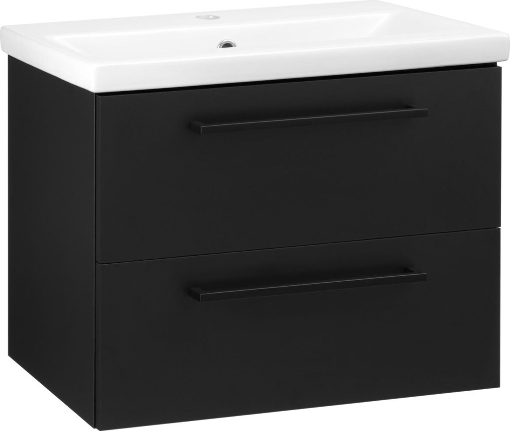 MONTIERT Badmöbel Set mit Waschbecken Keramik NICOLE 60cm SCHWARZ LED SOFTCLOSE Waschtisch
