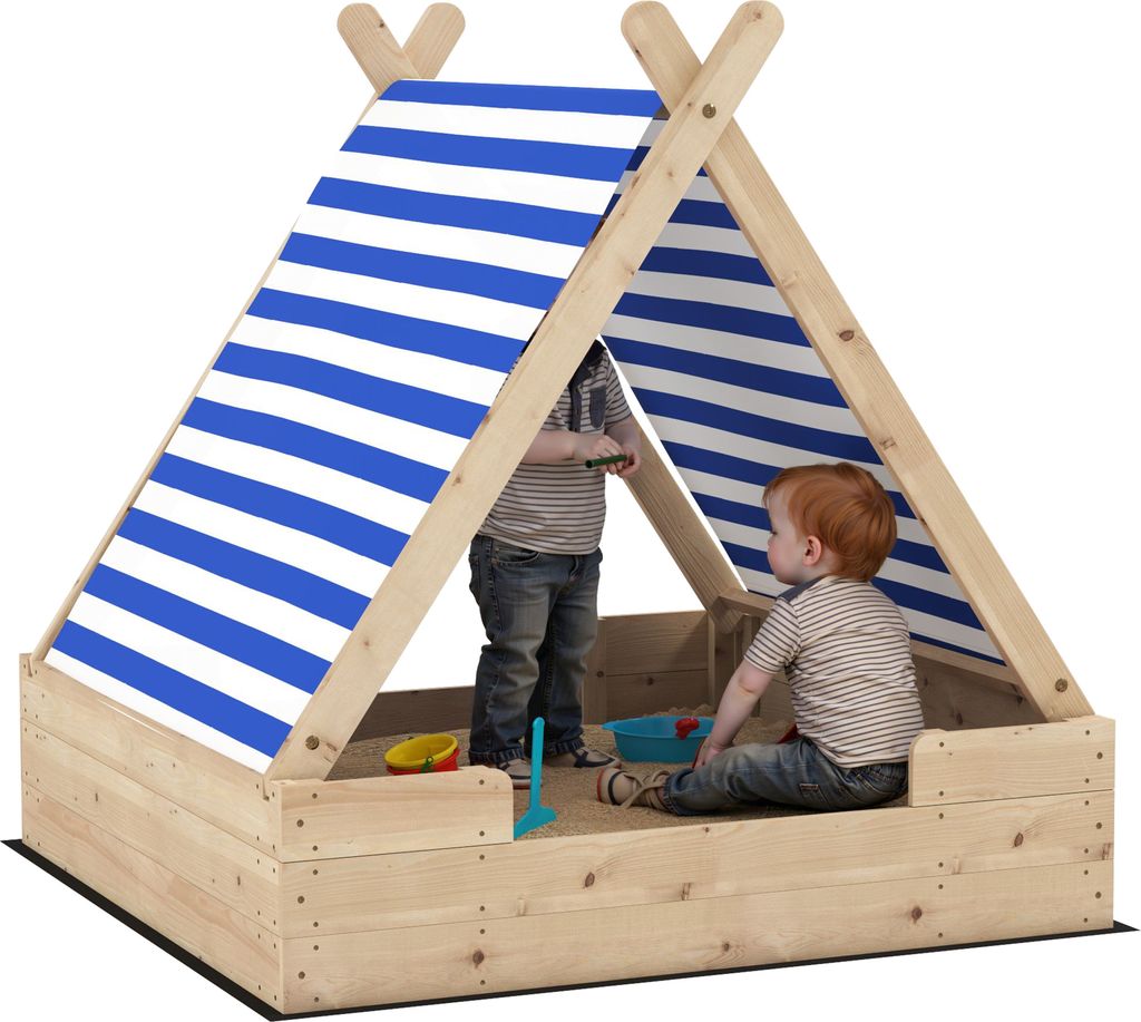 AIYAPLAY Sandkasten mit Zeltdach, 120 x 120 cm Sandkiste aus Holz Sandbox mit Bodenplane, Abnehmbarem Dach für 3-6 Jahre Kinder Natur