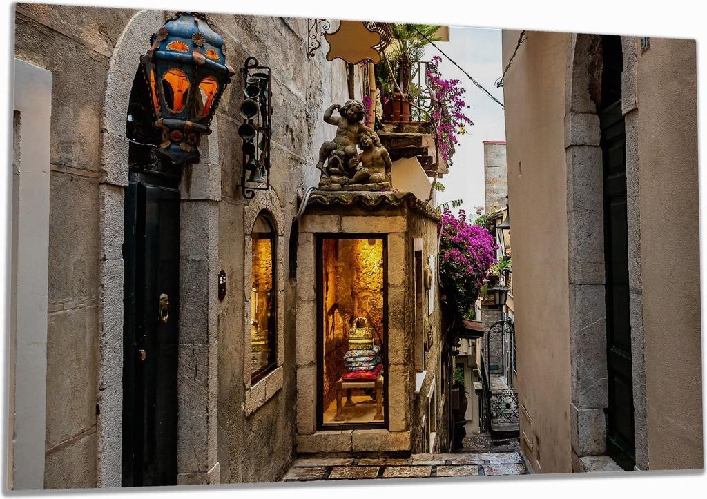 Wallario Herdabdeckplatte aus Glas, Größe 80 x 52 cm 1-teilig, Motiv Altstadtgasse im Regen