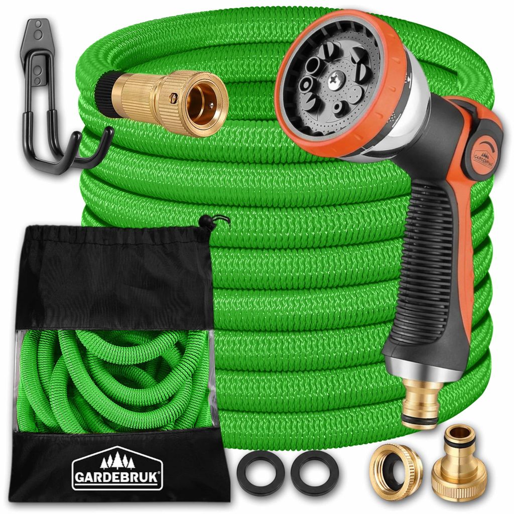 GARDEBRUK Flexibler Gartenschlauch 30m 3fach Latexkern Vollmessing Adapter 1/2" 3/4" Zoll Wandhalterung Tasche Flexschlauch Wasserschlauch Grün