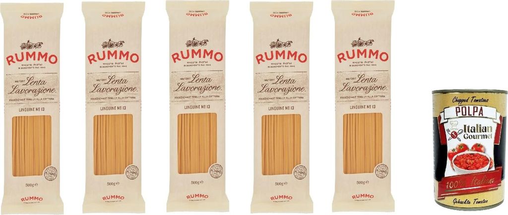 Rummo Linguine N° 13 Pasta Lenta Lavorazione Teigwaren aus Hartweizengrieß Bronze-Zeichnung 5x 500g + Italian Gourmet polpa 400g