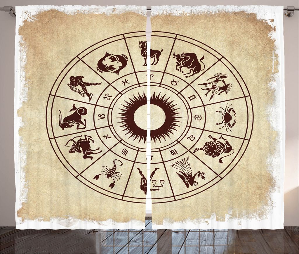 ABAKUHAUS Astrologie Rustikaler Gardine, Sternzeichen-Horoskop, Schlafzimmer Kräuselband Vorhang mit Schlaufen und Haken, 280 x 175 cm, Beige Braun