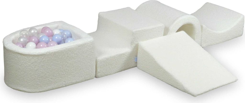Schaumstoff-Spielset mit Brücke und Mikro-Bällepool – Boucle Weiß + 100 Bällebadbälle / transparent, weiß, perlmutt, hellgold