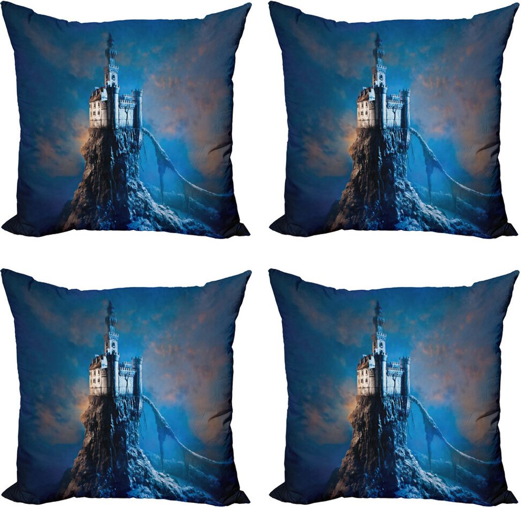 ABAKUHAUS Fantasie Kissenbezug Set (4 Stück), Castle Hill Top, Moderner Doppelseitiger Digitaldruck, 45 cm x 45 cm, Blau Pale Orangencreme