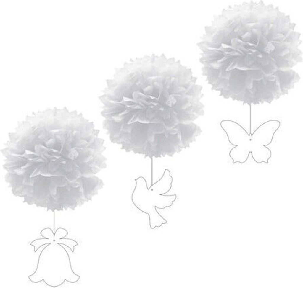 6x Pompons mit Figuren aus Papier schwer entflammbar weiß Ø30cm