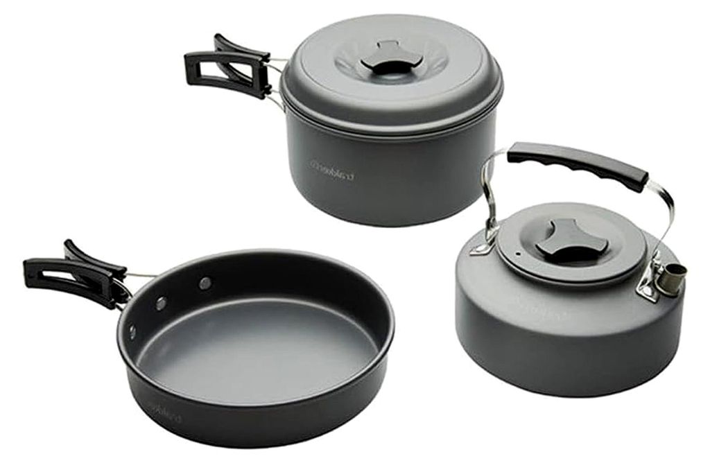Kochgeschirr Set: Bratpfanne, Topf (1,7L), Wasserkocher (1,1L) aus eloxiertem Aluminium, Antihaft, klappbare Griffe