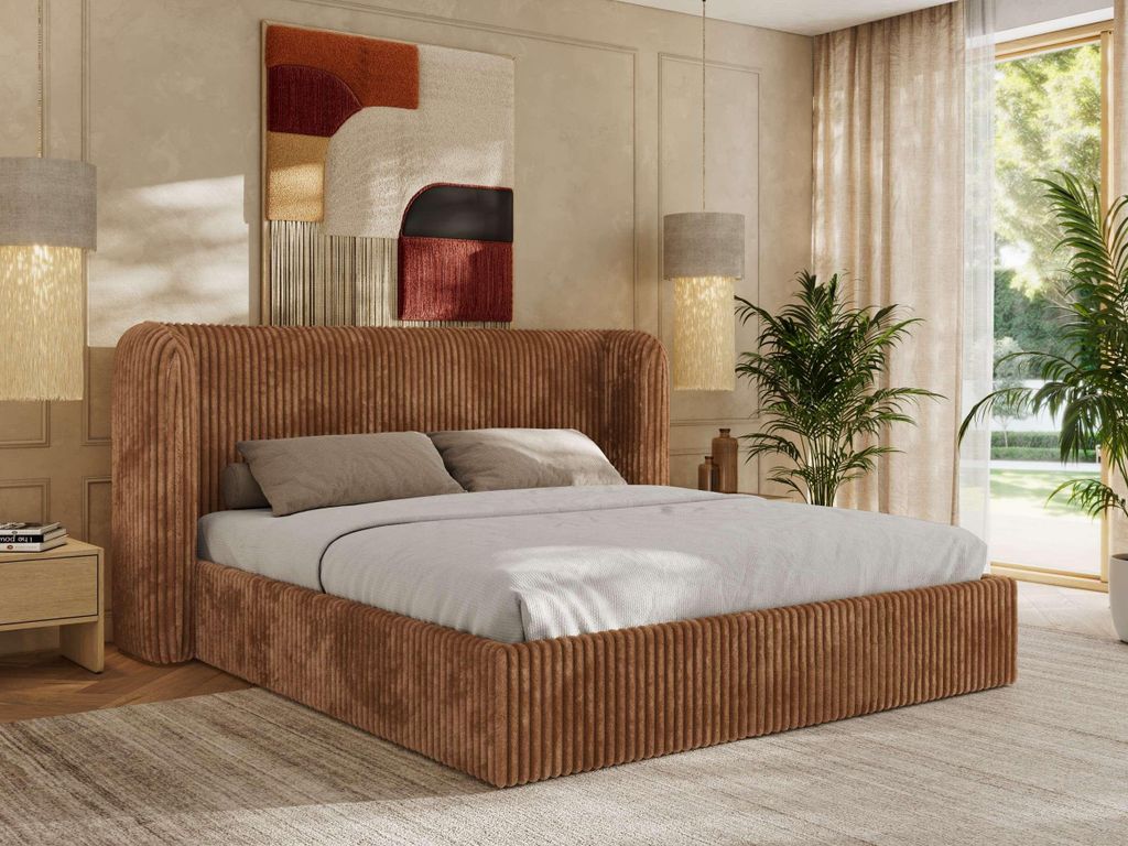 MKS MEBLE Doppelbett Polsterbett EMORA CLASSIC Bett Holzgestell hohes Kopfteil Foam Matratze MIRO LUX 180x200 Orange Cord