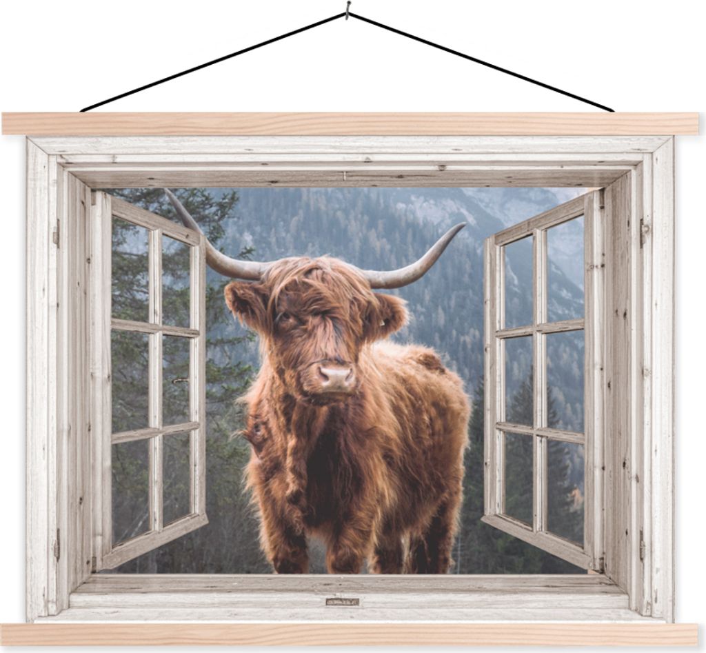 MuchoWow Textilposter Schottisches Hochlandrind - Berg - Kuh - Aussicht 120x90 cm mit holzfarbenen Rahmen - Magnetisch