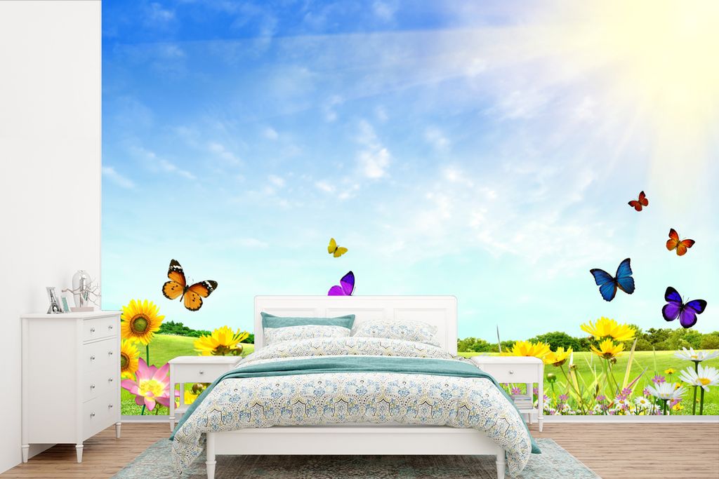 MuchoWow Fototapete für Wohnzimmer oder Schlafzimmer Wandtapete Vinyl Motivtapete Blumen - Schmetterlinge - Sommer - 450x300 cm - Gemusterte