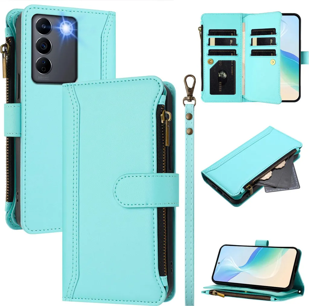 Cover Vivo V27E/S16E Protezione Totale con Portafoglio Zip Verde Menta