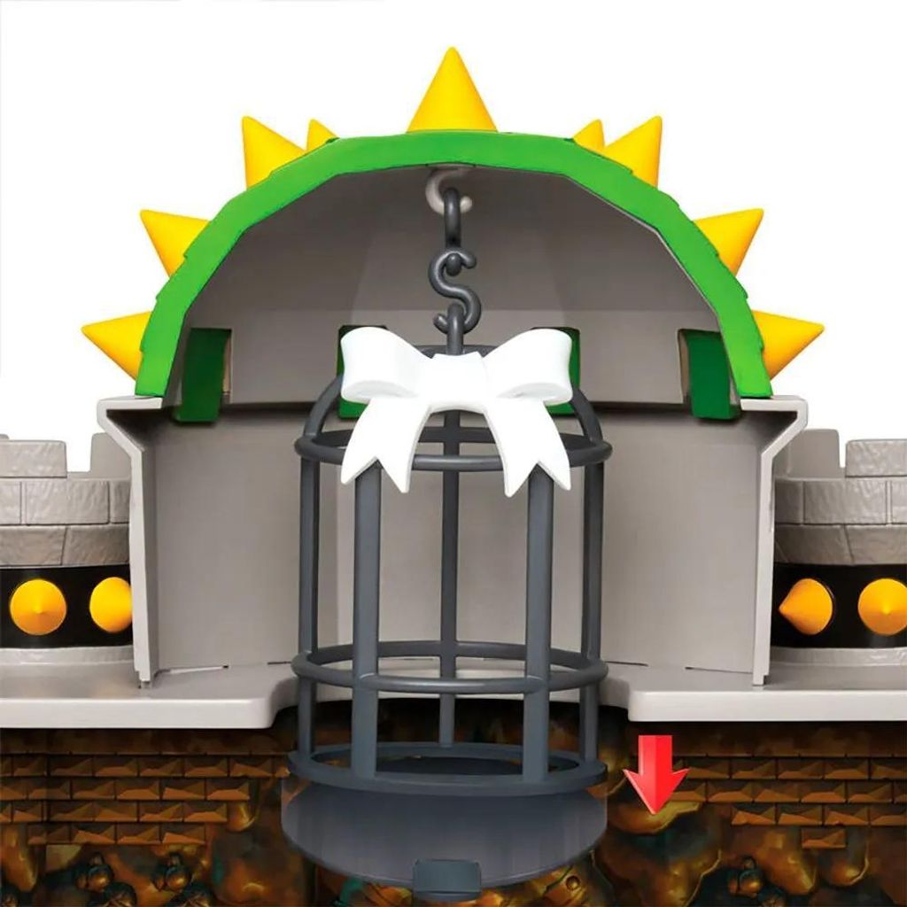 A close-up view of a Bowser Castle playset with a cage hanging in the center.