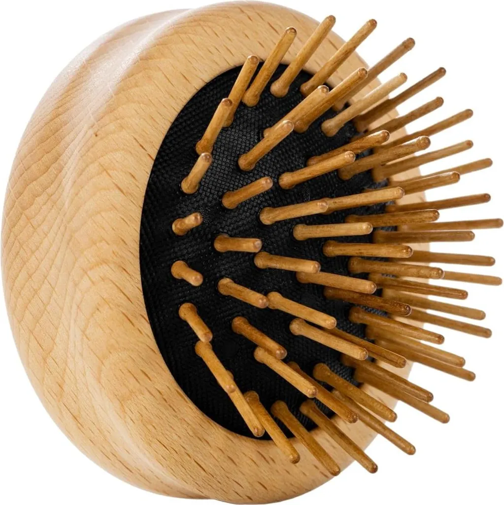 Brosse ronde compacte en bois de hêtre pour sac à main et voyage