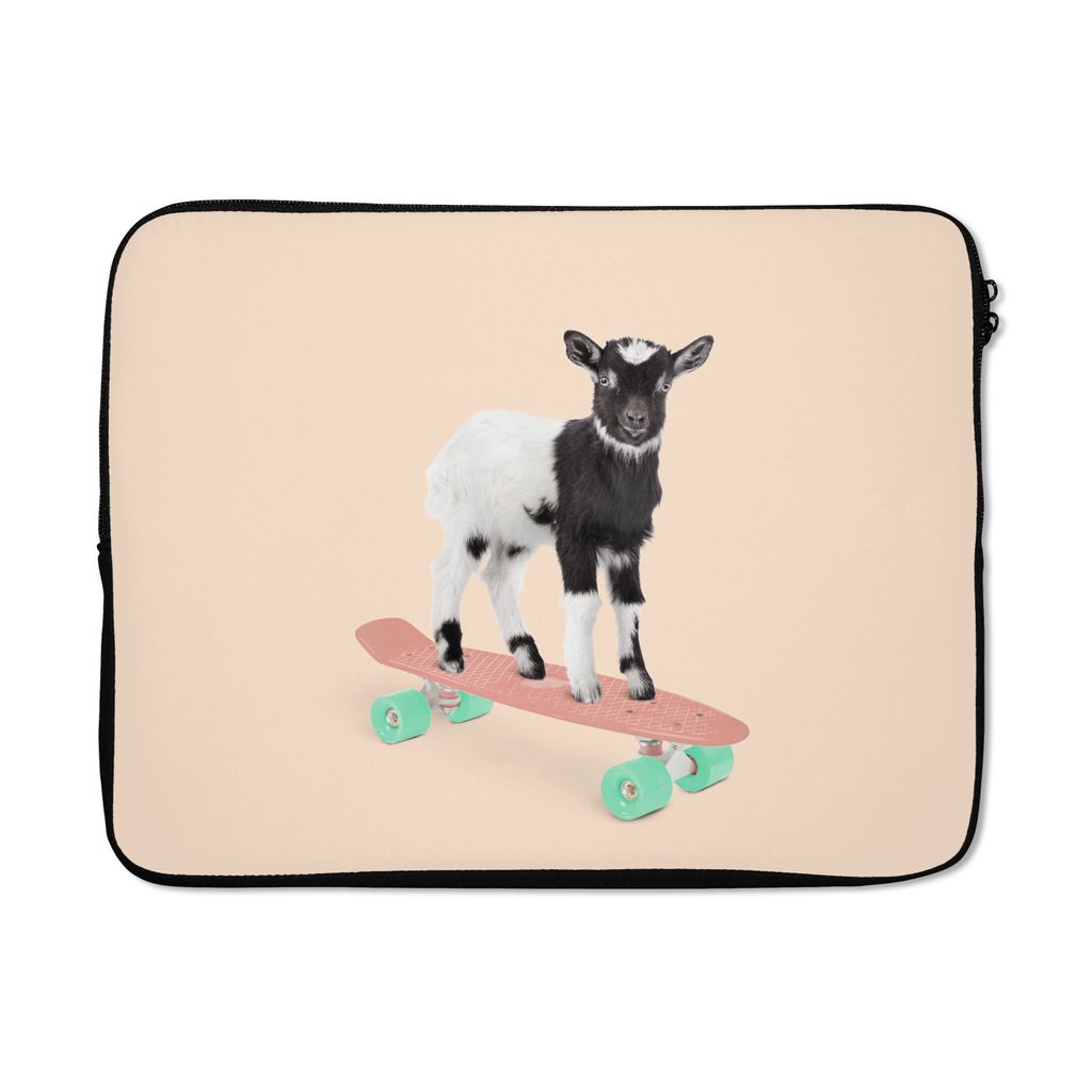 MuchoWow Laptop Hülle 17 Zoll Laptoptasche Ziege - Schwarz - Skateboard - Weiß - Tiere - Zipper - Schutzabdeckung