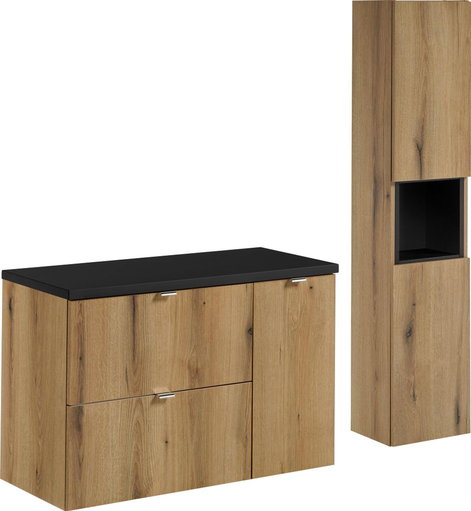 Badmöbel-Set 90 Cm Eiche Natur Mit Schwarzer Platte Und Pfosten