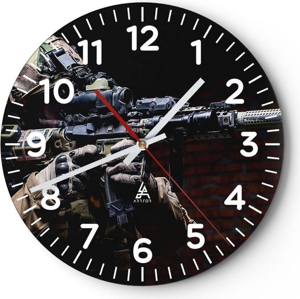 Wanduhr - Rund - Glasuhr - Soldat Gewehr - 30x30cm - Schleichendes Uhrwerk - Lautlos - zum Aufhängen bereit - Dekoration Modern - Wanddekoration a...