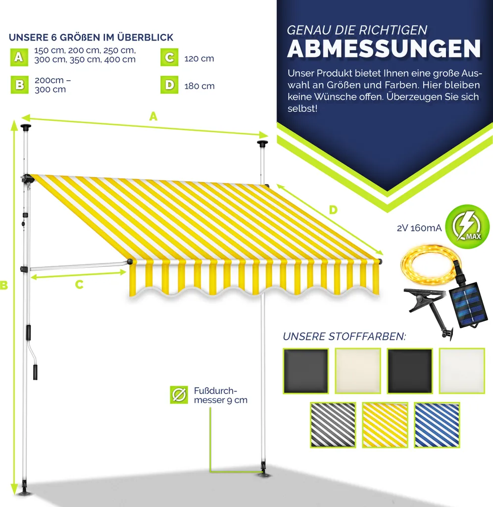 Tenda Parasole Balcone 250 cm tillvex Senza Trapano Luci LED - 8