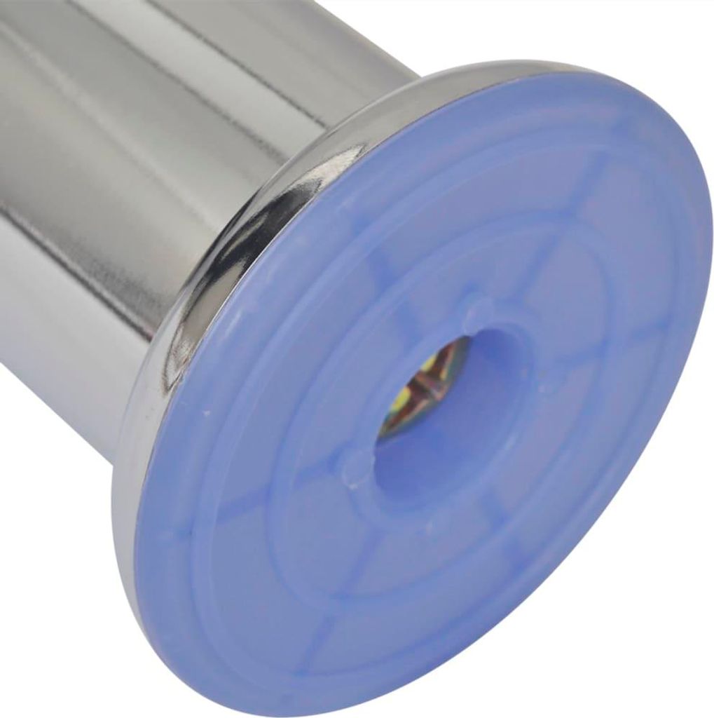 A close-up view of the bottom of a chrome furniture leg with a blue rubber foot.