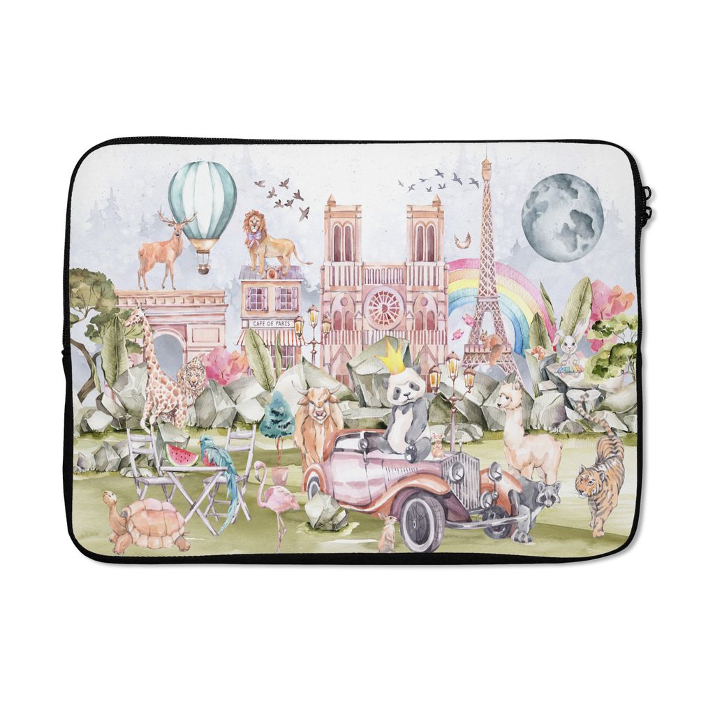 MuchoWow Laptop Hülle 13 Zoll Paris - Regenbogen - Kinder - Rosa - Mädchen - Tiere Laptoptasche - Laptophülle - Sleeve - Rundumschutz