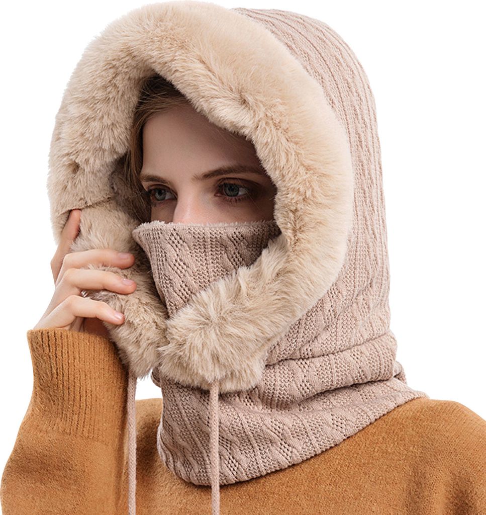 3 in 1 Winter Damen Strickmütze Dicke Fleecefutter Warm Skimütze mit Schal Gesichtsmaske Outdoor Cycling Winterfeste Skimütze, Farbe:Beige