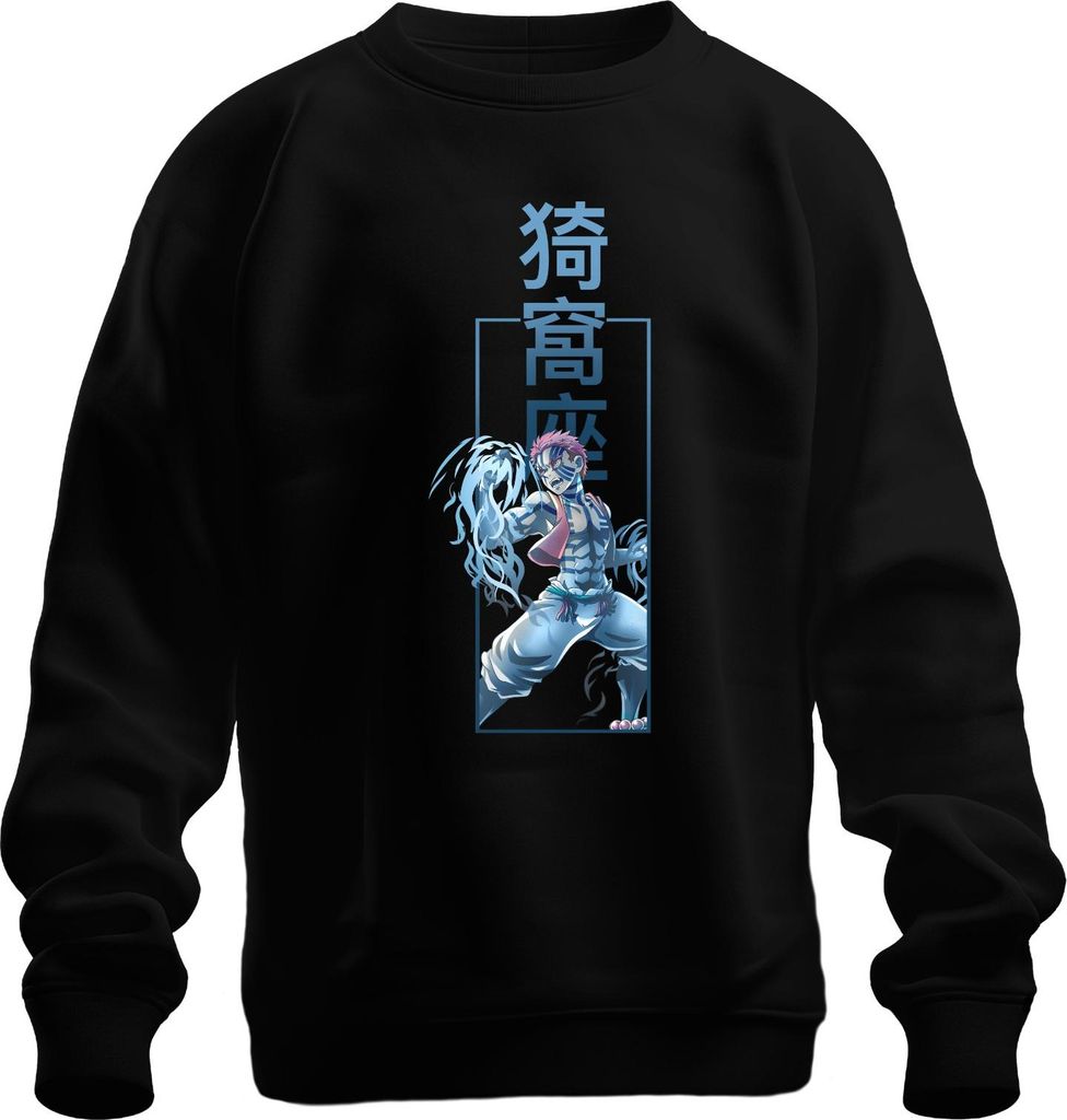 Akaza Dämonenkrieger Anime Kampfkunst Blaue Streifen Japan Y2K Streetwear Uni Sweatshirt Pullover, Schwarz, XXL